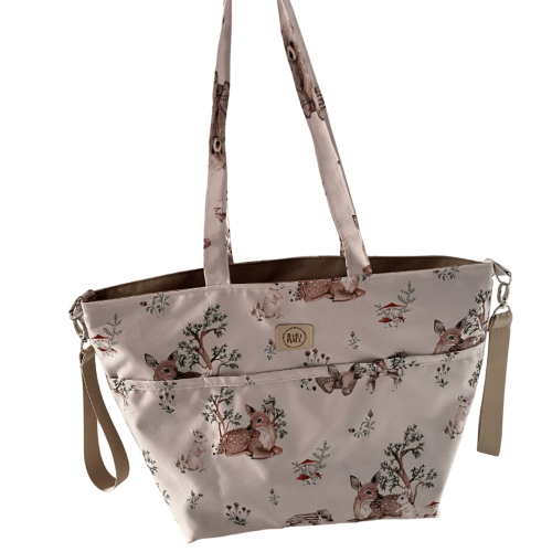 Wodoodporna torba shopper do wózka w leśnym motywie – beżowa, funkcjonalna i łatwa w czyszczeniu