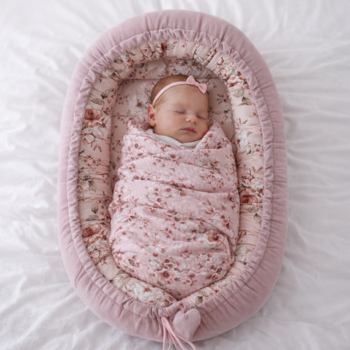 kokon niemowlęcy dla dziewczynki różowy w kwiaty
