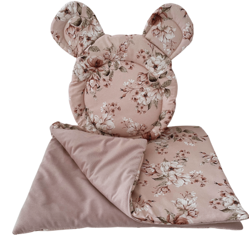 komplet do gondoli,kołderka i poduszka miś w kwiaty dla dziewczynki