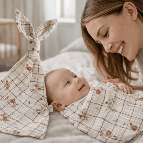 pieluszka muślinowa w króliczki i marchewki w formie przytulanki króliczka