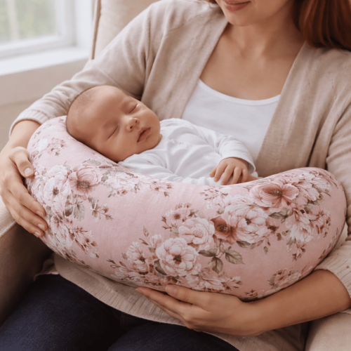 poduszka do karmienia z poszewką różową w kwiaty