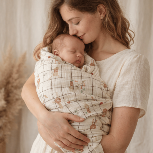 otulacz muślinowy beżowy dla niemowlaka