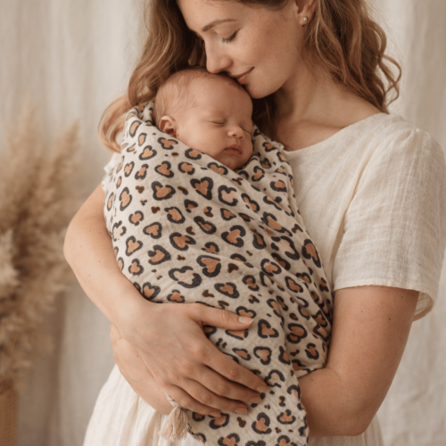 otulacz muślinowy dla niemowlaka w panterkę