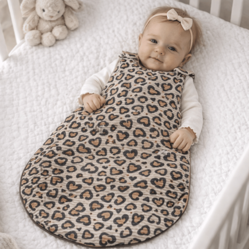 muślinowy śpiworek w panterkę dla niemowlaka letni tog 1.0 tog 0.5