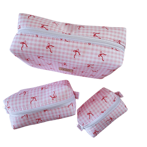 zestaw kosmetyczek dla mamy i dziecka kratka różowa