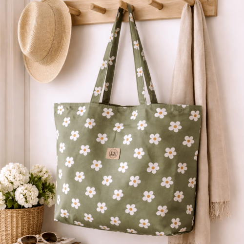 torba zakupowa shopper zielona w stokrotki