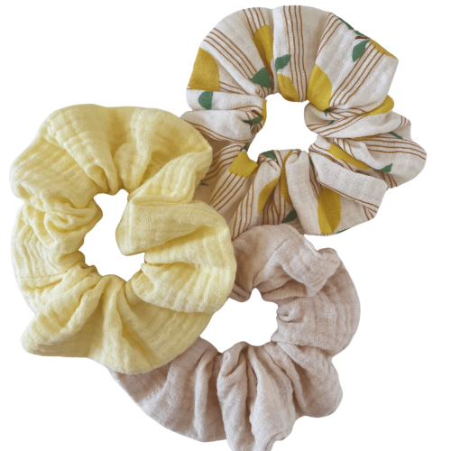 Muślinowe scrunchie cytrynki 3 szt -delikatne frotki do włosów