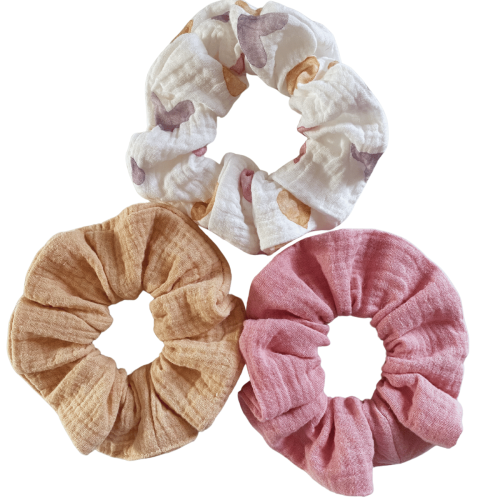 Muślinowe scrunchie serca 3 szt -delikatne frotki do włosów