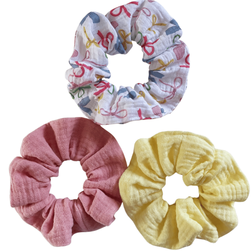 Muślinowe scrunchie kokardki 3 szt -delikatne frotki do włosów
