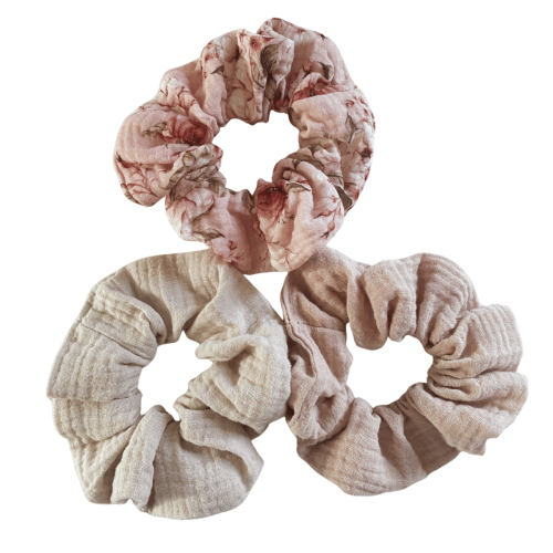 Muślinowe scrunchie blossom 3 szt -delikatne frotki do włosów