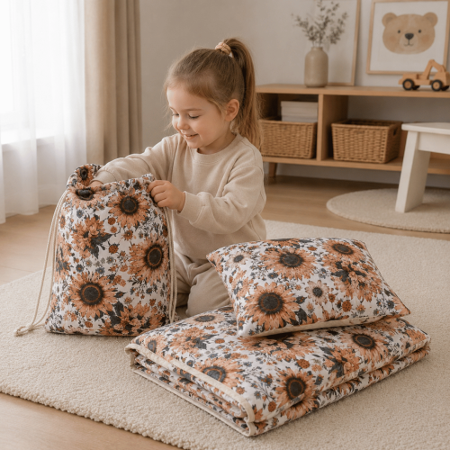 Komplet przedszkolaka Bibi Mall zawiera kołderkę 100×135 cm, poduszkę 40×50 cm oraz wodoodporny worek z metką do podpisania. Idealna pościel do przedszkola i żłobka.
