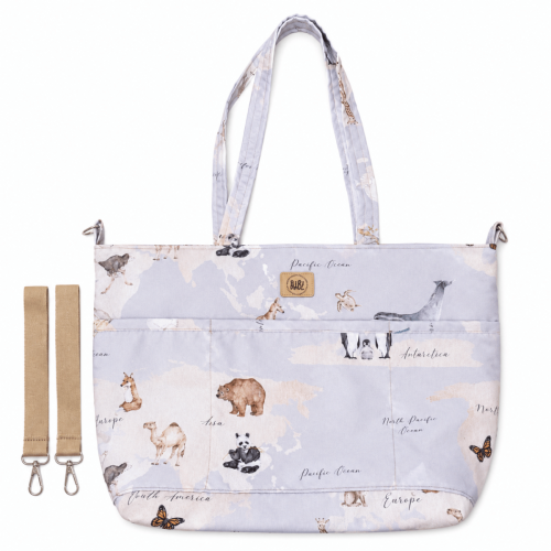 Torba do wózka dziecięcego Shopper Mapa Świata Błękitna z 6 praktycznymi kieszeniami