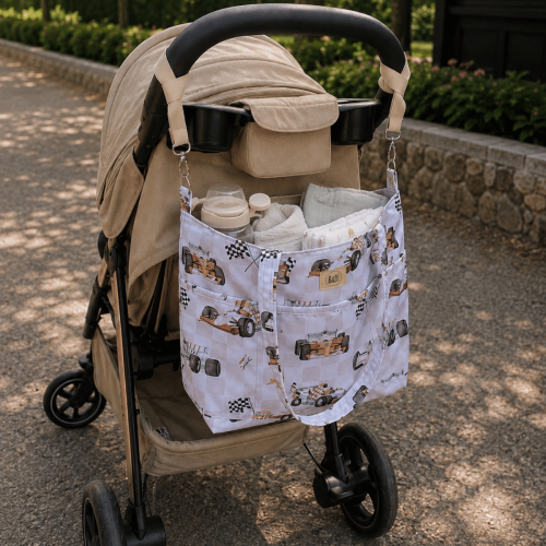 Torba do wózka shopper beżowa w autka,wodoodporna,pojemna dla mamy