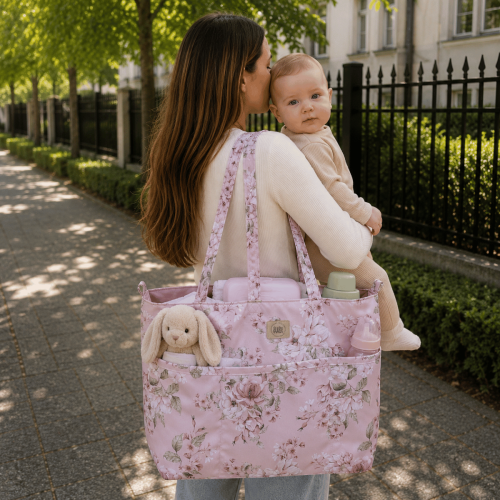 torba shopper do wózka różowa w kwiaty