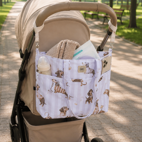 Torba do wózka Shopper w jamniczki beżowa – pojemna wodoodporna torba dla mamy