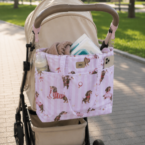 Torba do wózka Shopper jamniczki różowe – pojemna wodoodporna torba dla mamy